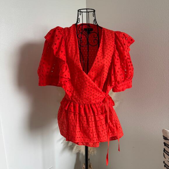 J.Crew Orange Red Eyelet Wrap Cotton Blouse with Ruffle Sleeves – Size Small - Picture 1 of 8